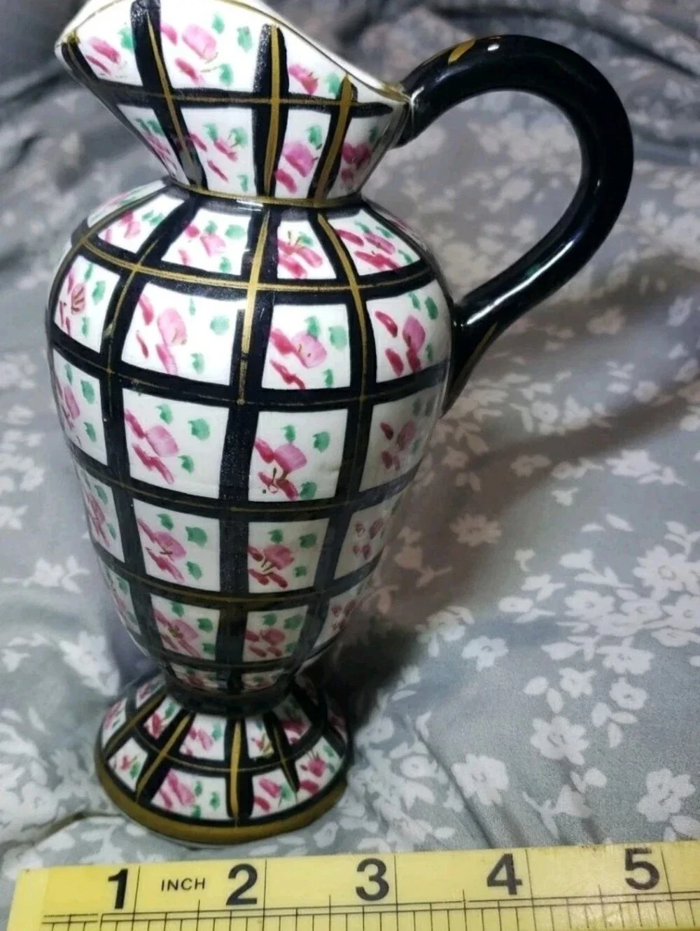 Vtg Handpainted Black Gold Floral Checkered Pitcher Vase